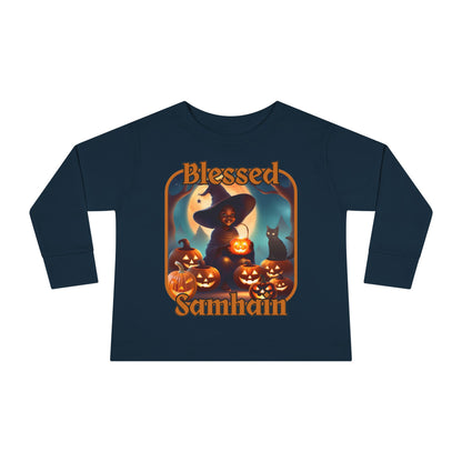 Blessed Samhain Cute Witch Orange font Toddler Long Sleeve Tee by CreepyCrafts.boo