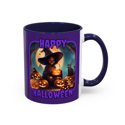 Happy Halloween Cute Witch Purple font Purple Accent Mug by CreepyCrafts.boo