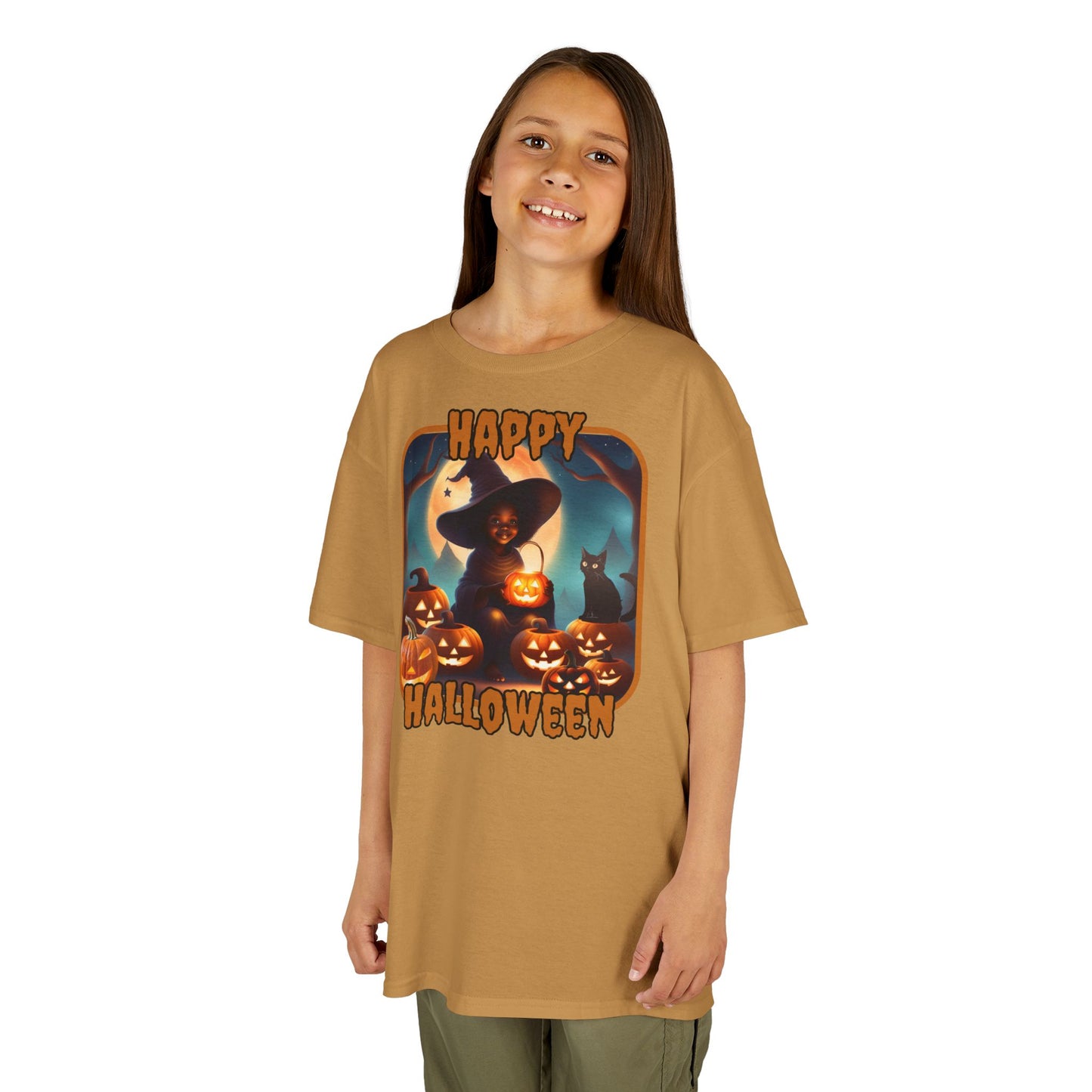 Happy Halloween Cute Witch Orange font Kids Heavy Cotton™ Tee by CreepyCrafts.boo