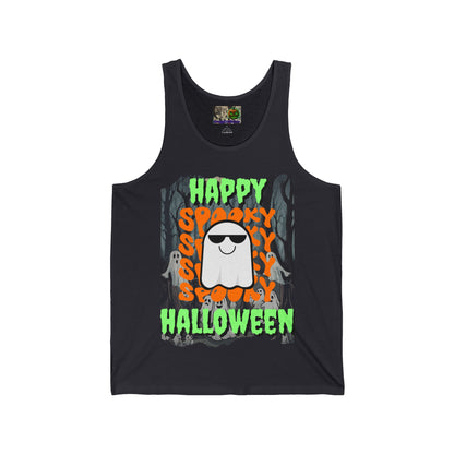 Spooky Happy Halloween Ghost Green font Unisex Jersey Tank Top by CreepyCrafts.boo