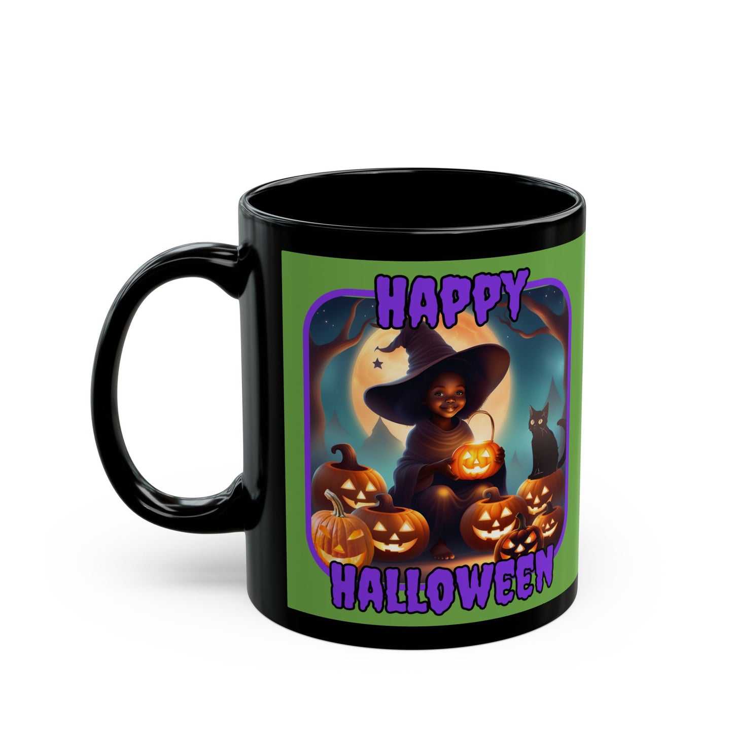Happy Halloween Cute Witch Purple font Green Mug by CreepyCrafts.boo