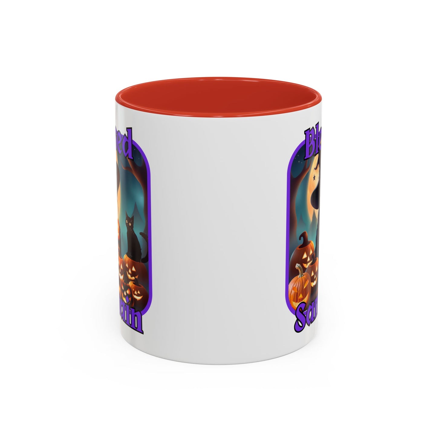 Blessed Samhain Cute Witch Purple font White Accent Mug by CreepyCrafts.boo