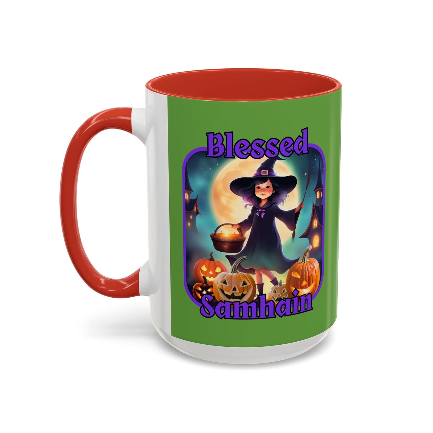 Blessed Samhain Little Witch Purple font Green Accent Mug by CreepyCrafts.boo