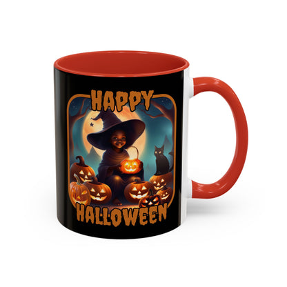 Happy Halloween Cute Witch Orange font Black Accent Mug by CreepyCrafts.boo
