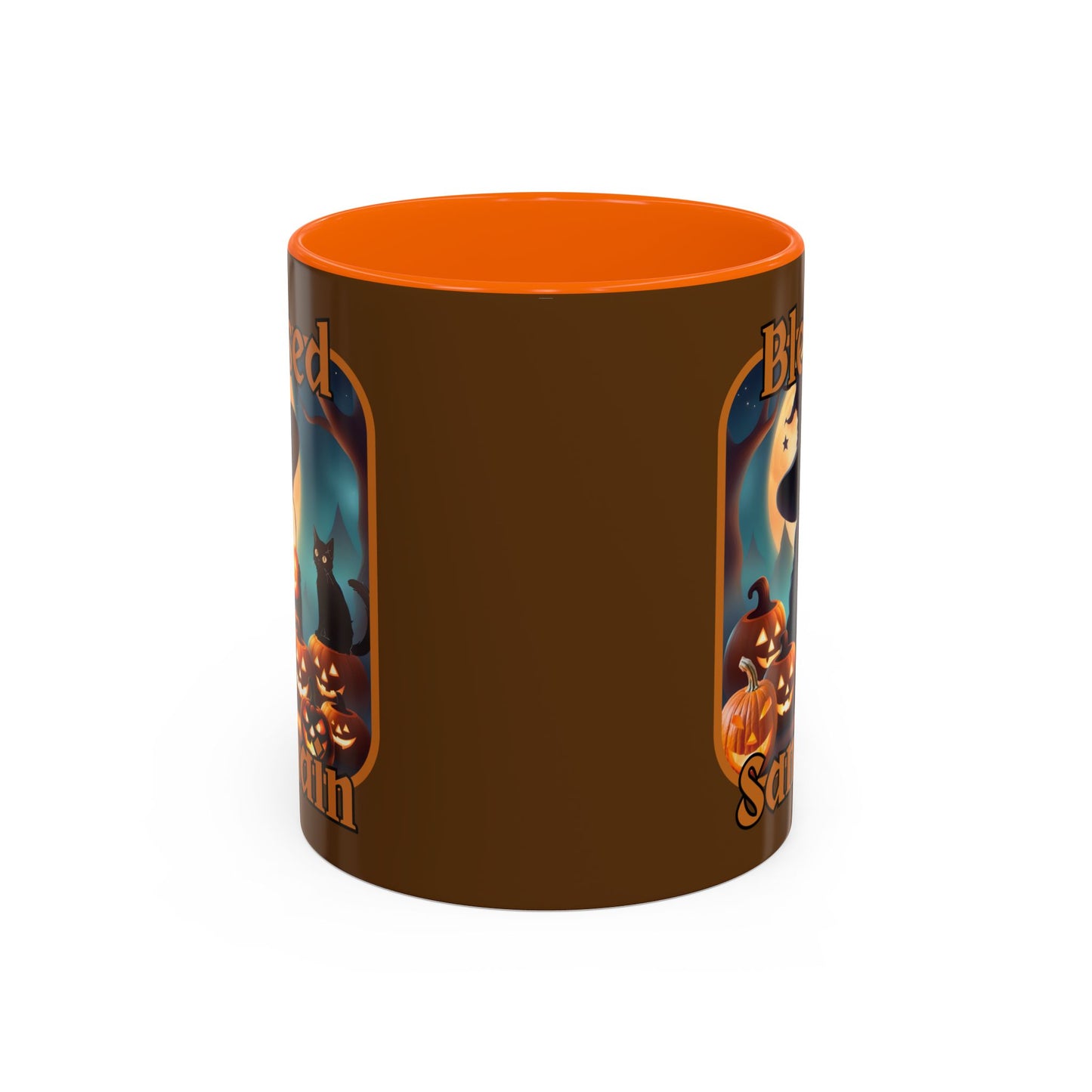 Blessed Samhain Cute Witch Orange font Brown Accent Mug by CreepyCrafts.boo