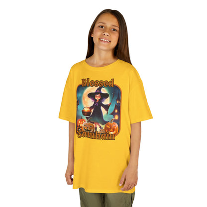 Blessed Samhain Little Witch Orange font Kids Heavy Cotton™ Tee by CreepyCrafts.boo