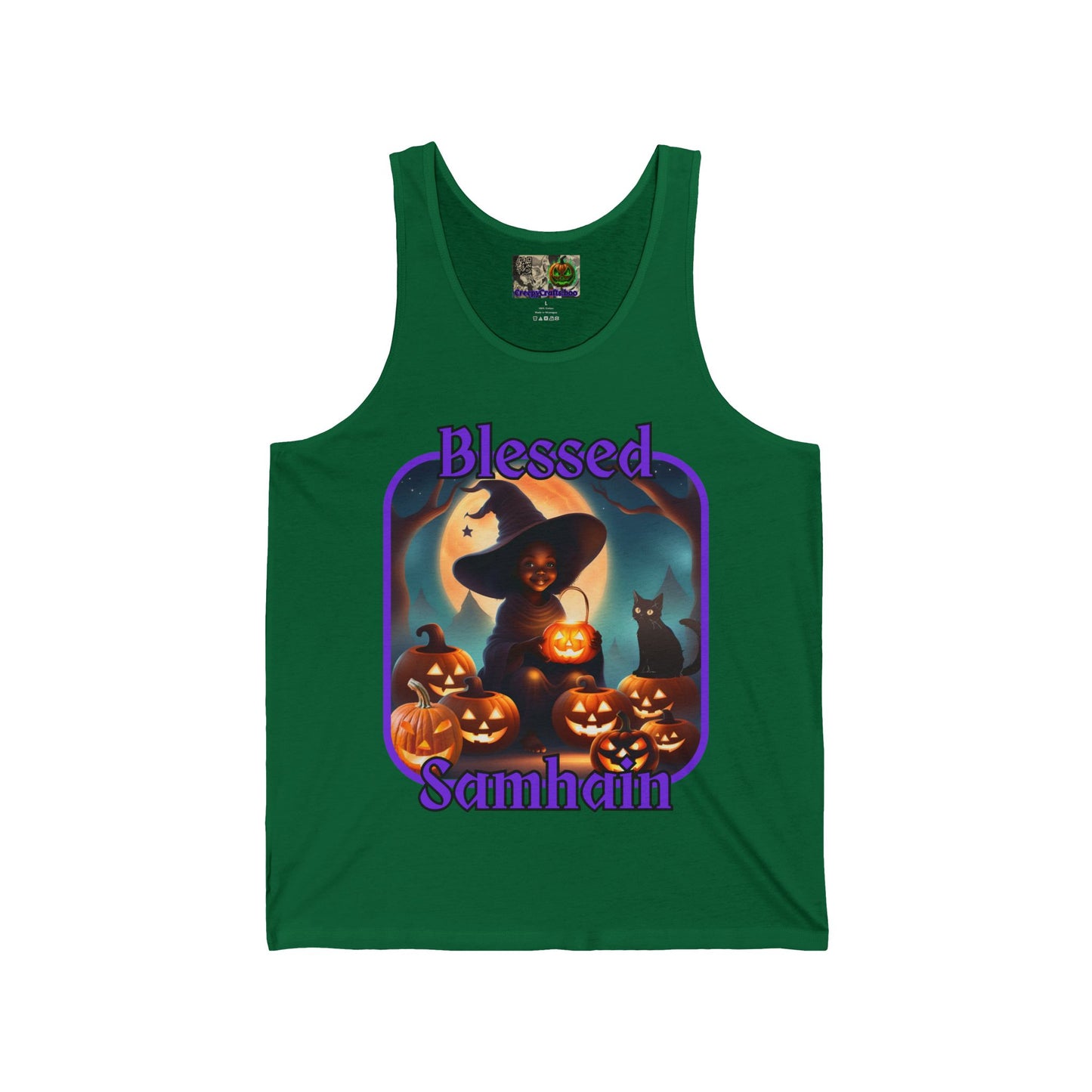 Blessed Samhain Cute Witch Purple font Unisex Jersey Tank Top by CreepyCrafts.boo
