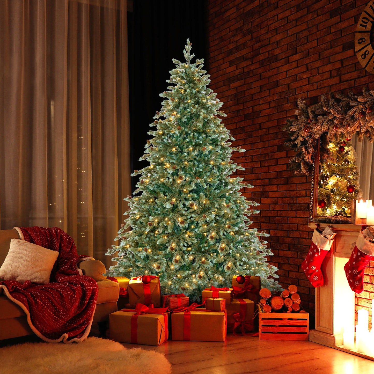 6/7/8 Feet Christmas Tree with Warm White LED Lights and Pine Cones