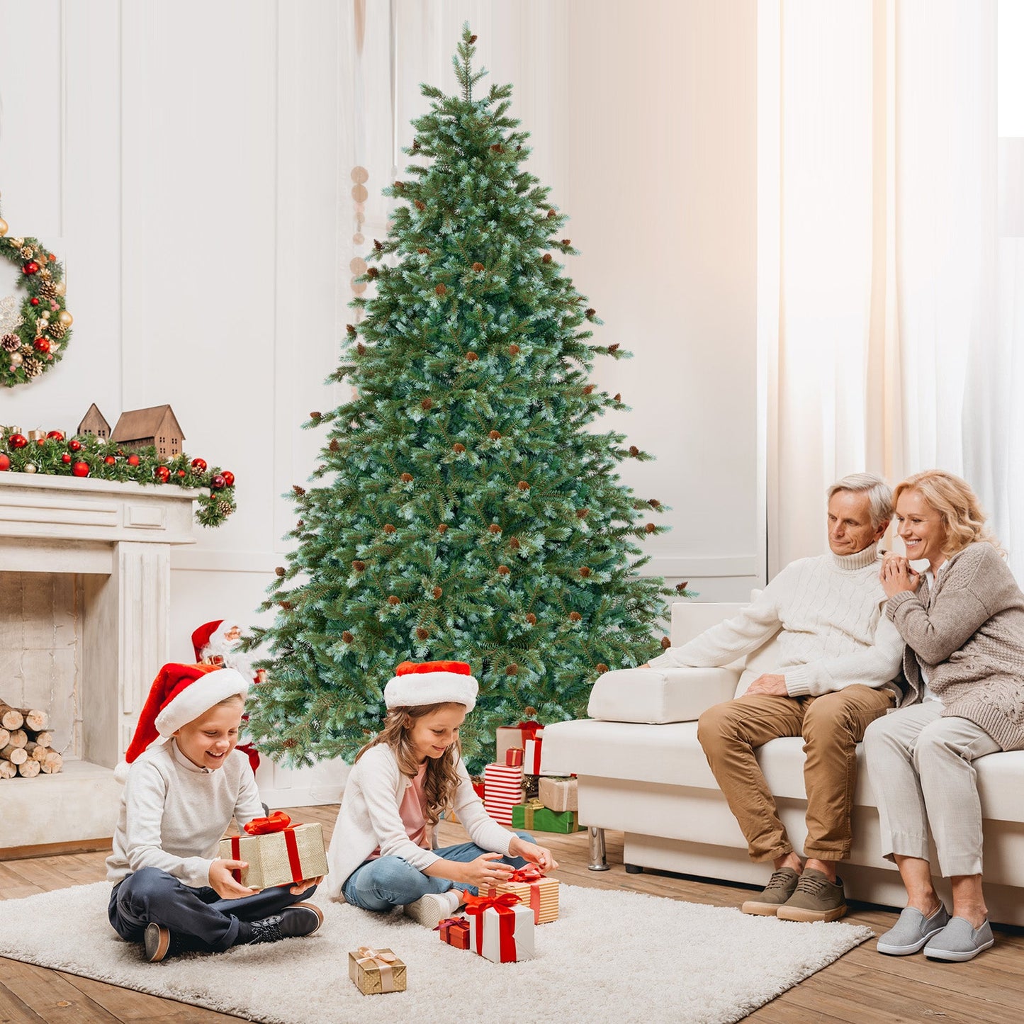 6/7/8 Feet Christmas Tree with Warm White LED Lights and Pine Cones