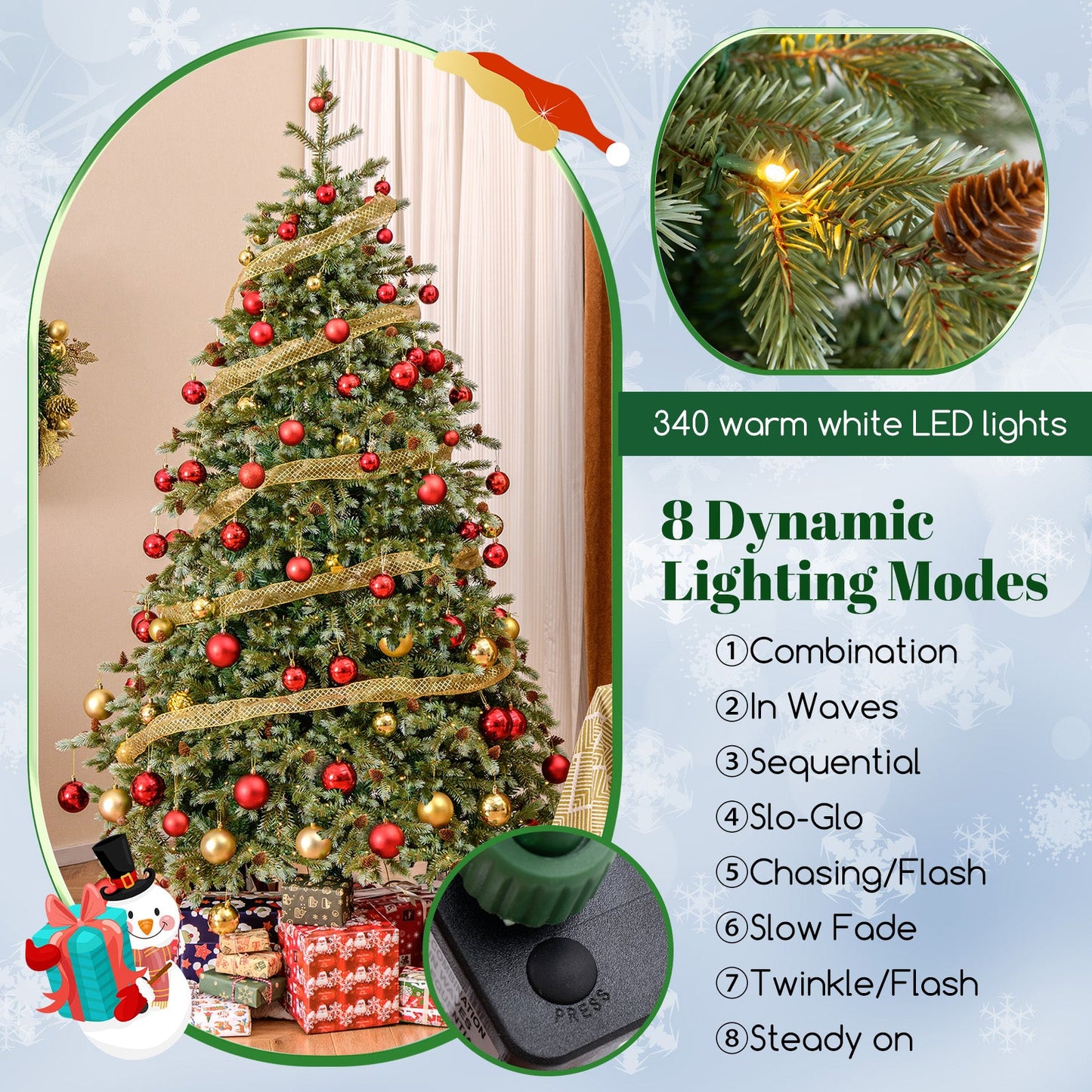 6/7/8 Feet Christmas Tree with Warm White LED Lights and Pine Cones