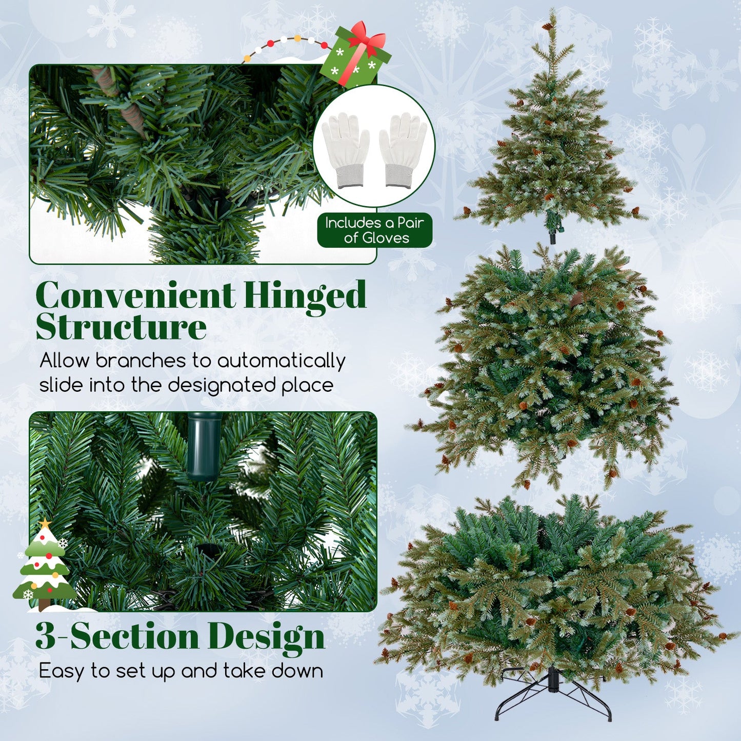 6/7/8 Feet Christmas Tree with Warm White LED Lights and Pine Cones