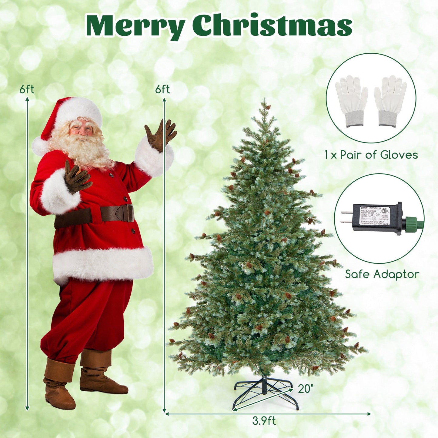 6/7/8 Feet Christmas Tree with Warm White LED Lights and Pine Cones