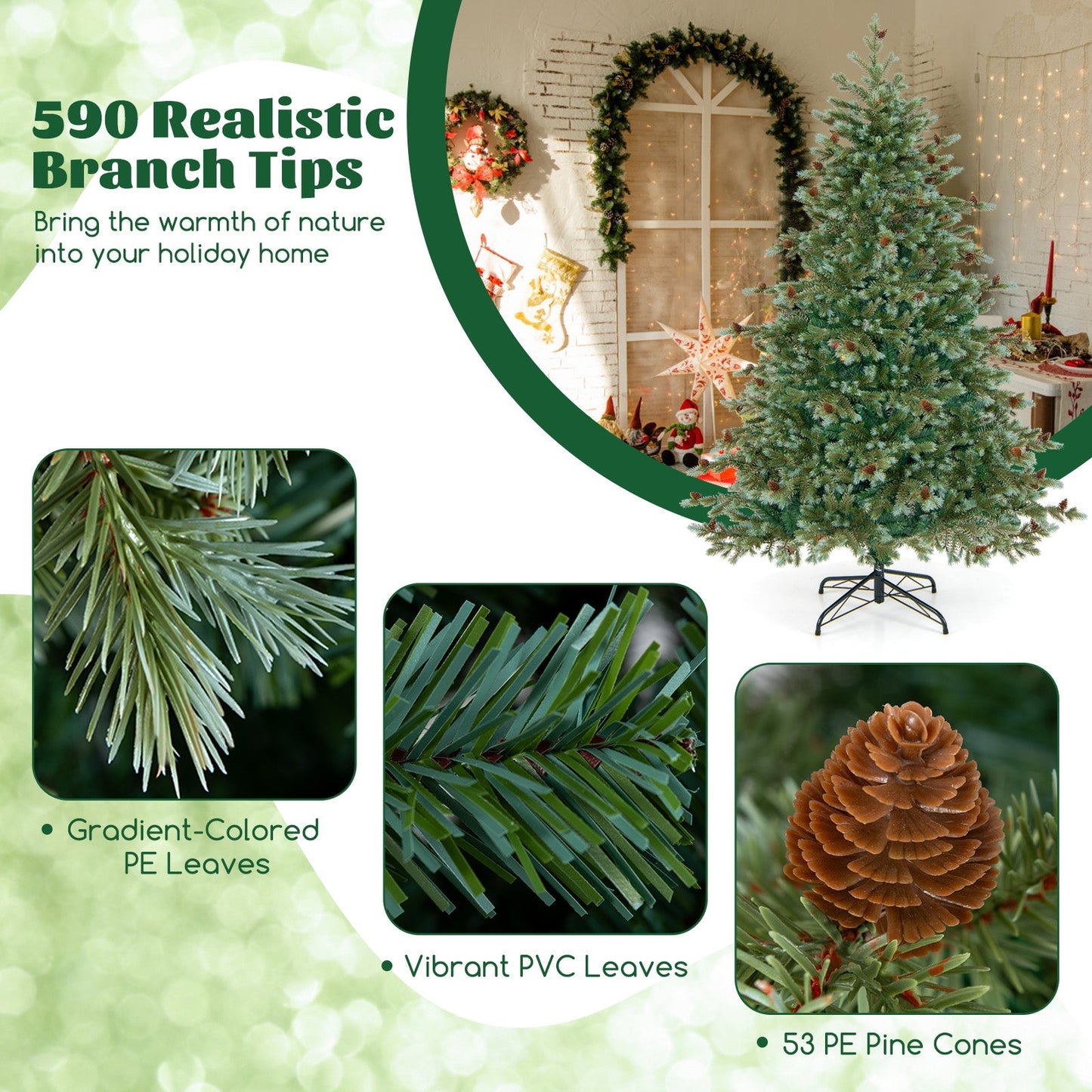 6/7/8 Feet Christmas Tree with Warm White LED Lights and Pine Cones