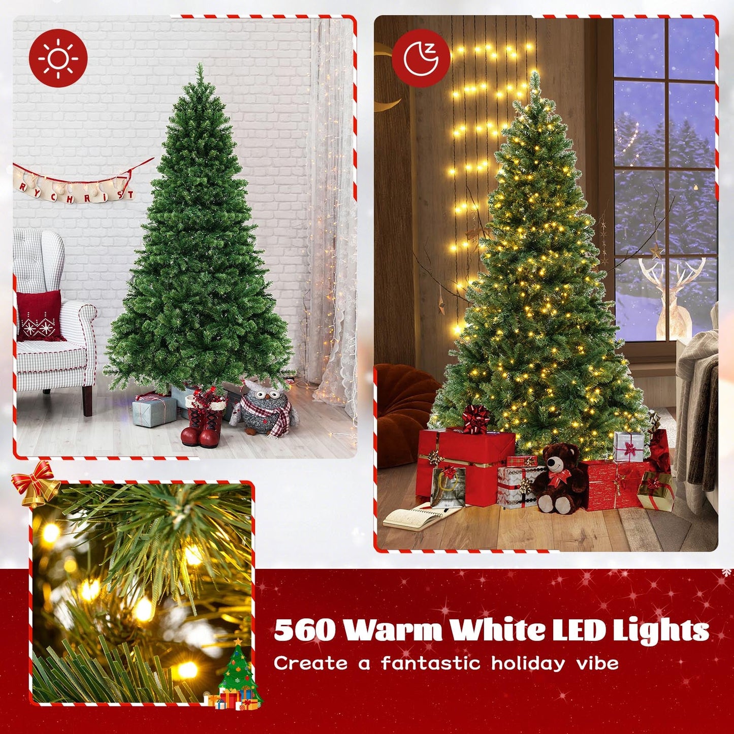 6/7/8 Feet Hinged Christmas Tree with PVC Branch Tips Warm White LED Lights