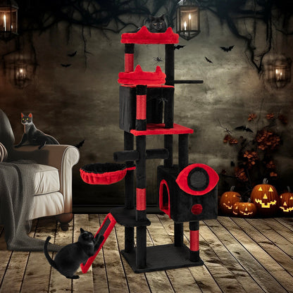 Large Gothic Cat Tree with Cat Condos and Plush Perches-Black & Red