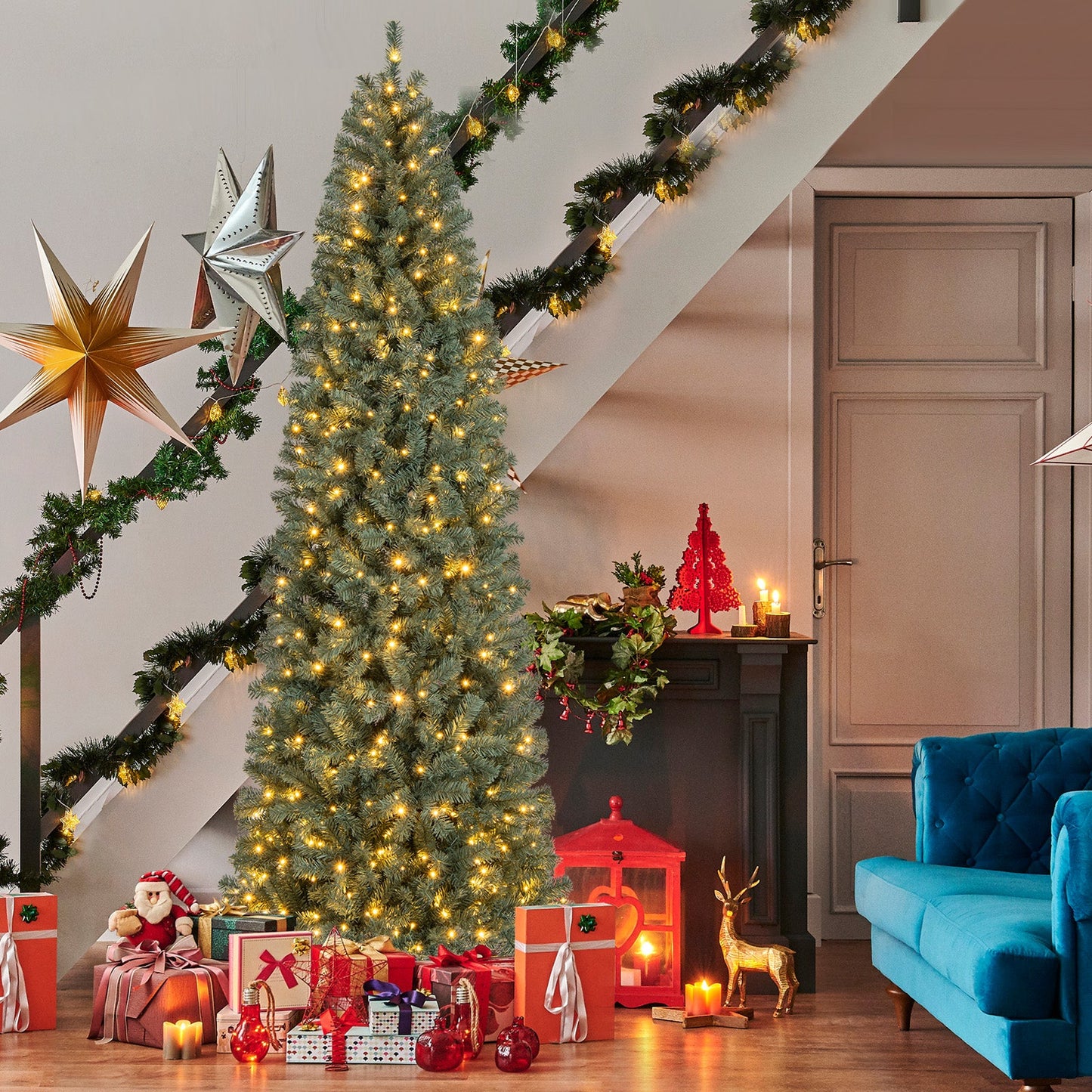 Pre-Lit Blue Artificial Christmas Tree Slim with 9 Lighting Modes