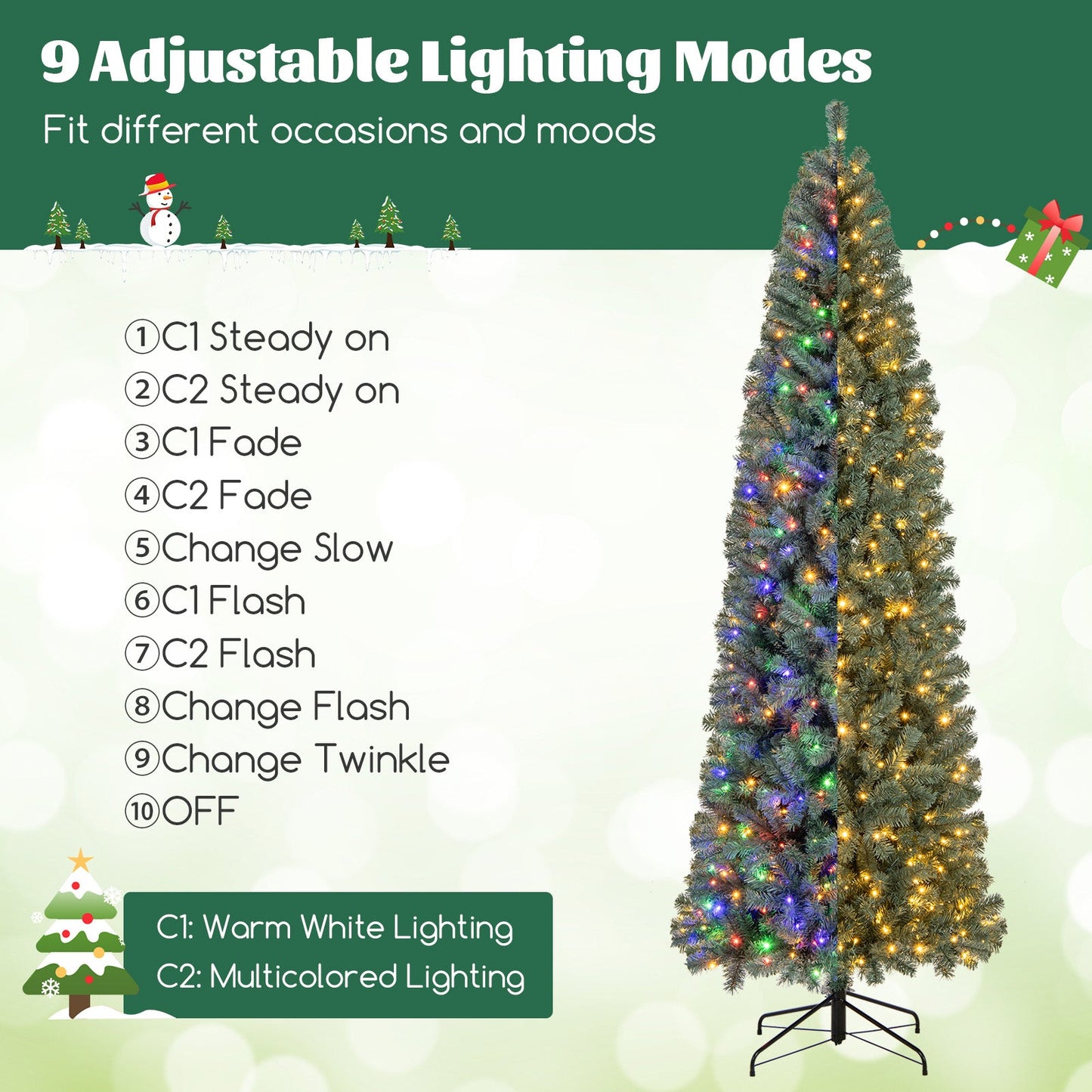 Pre-Lit Blue Artificial Christmas Tree Slim with 9 Lighting Modes