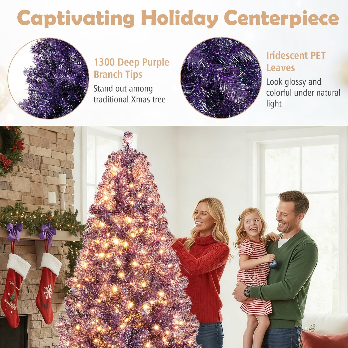 Pre-Lit Tinsel Christmas Tree Artificial Xmas Tree with Lush Branch Tips and Warm White LED Lights