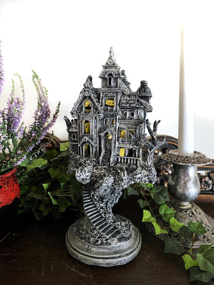 Haunted Mansion, Resin Sculpture with LED Tea Light | Victorian Gothic Haunted House Statue | 9” Gift for Gamers and Spooky Home Decor
