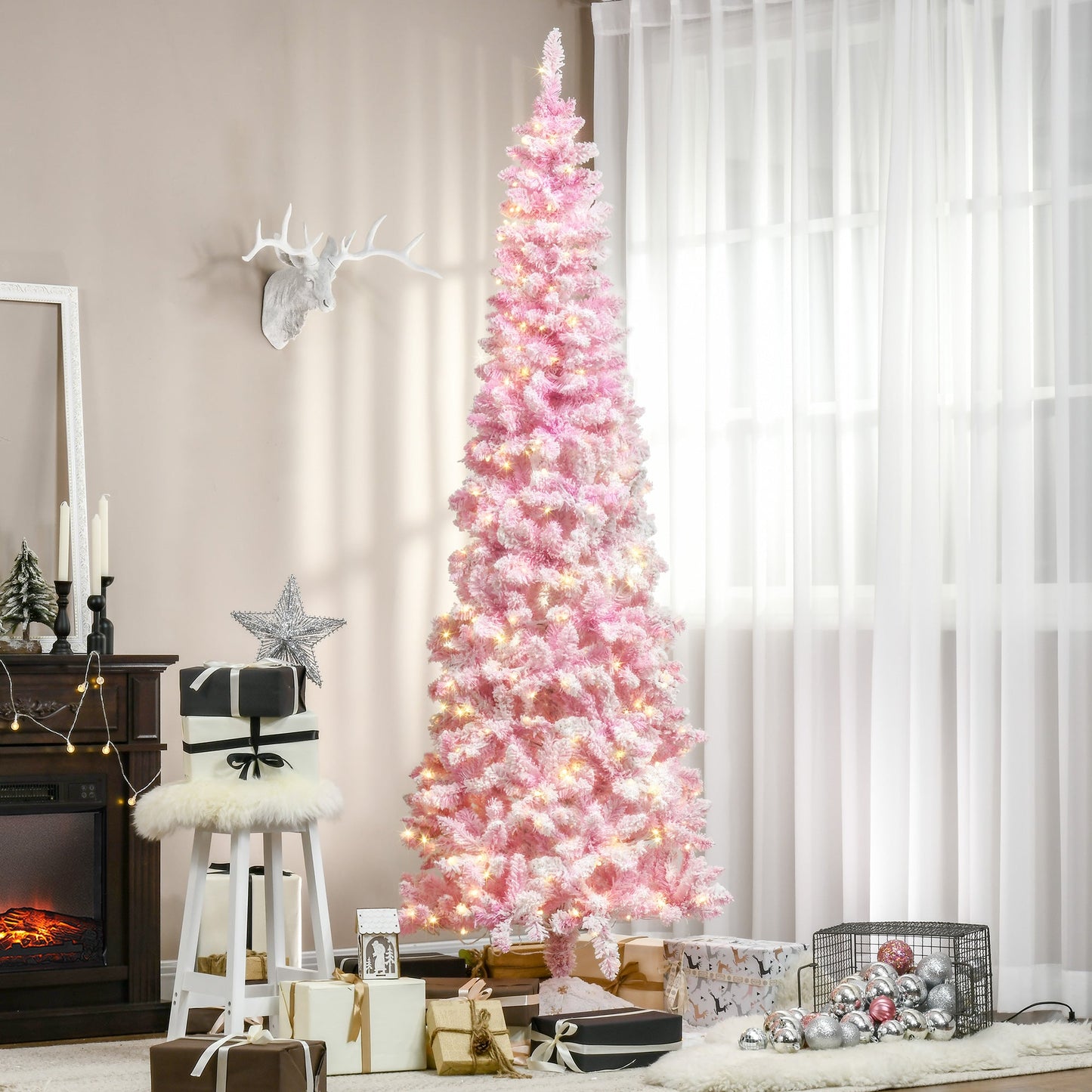 HOMCOM 7.5ft Prelit Snow Flocked Artificial Christmas Tree