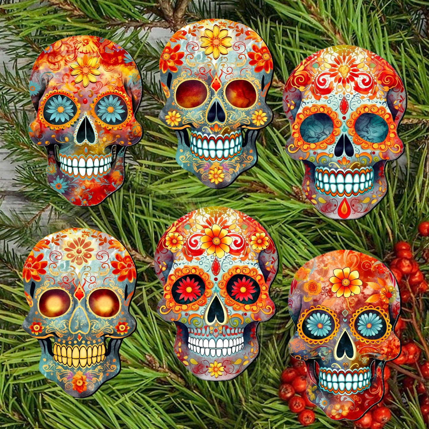 Sugar Skulls Clip-On Eco Wood Decorative Ornaments Set of 6 by G. Debrekht - Halloween Decor - 8090071C-S6