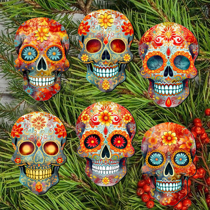 Sugar Skulls Clip-On Eco Wood Decorative Ornaments Set of 6 by G. Debrekht - Halloween Decor - 8090071C-S6