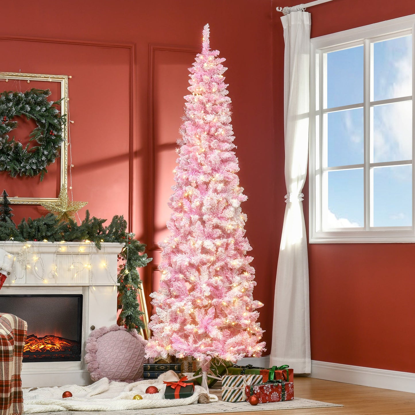 HOMCOM 7.5ft Prelit Snow Flocked Artificial Christmas Tree