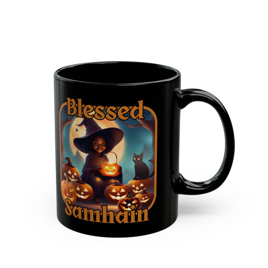 Blessed Samhain Cute Witch ORfont Black Mug by cypherpunkgear – cypherpunkgear.com | Cypherpunk Merch