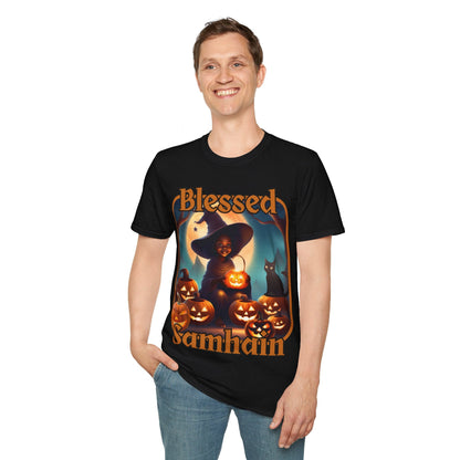 Blessed Samhain Cute Witch ORfont DKcolors Unisex T-Shirt by cypherpunkgear – cypherpunkgear.com | Cypherpunk Merch