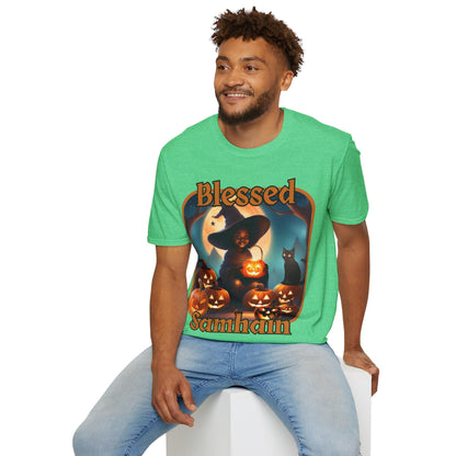Blessed Samhain Cute Witch ORfont DKcolors Unisex T-Shirt by cypherpunkgear – cypherpunkgear.com | Cypherpunk Merch