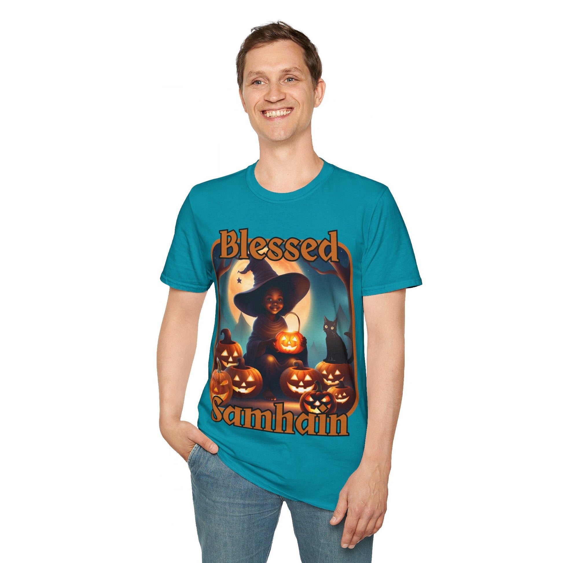 Blessed Samhain Cute Witch ORfont DKcolors Unisex T-Shirt by cypherpunkgear – cypherpunkgear.com | Cypherpunk Merch