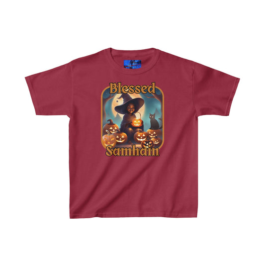 Blessed Samhain Cute Witch ORfont Kids Heavy Cotton™ Tee by cypherpunkgear – cypherpunkgear.com | Cypherpunk Merch