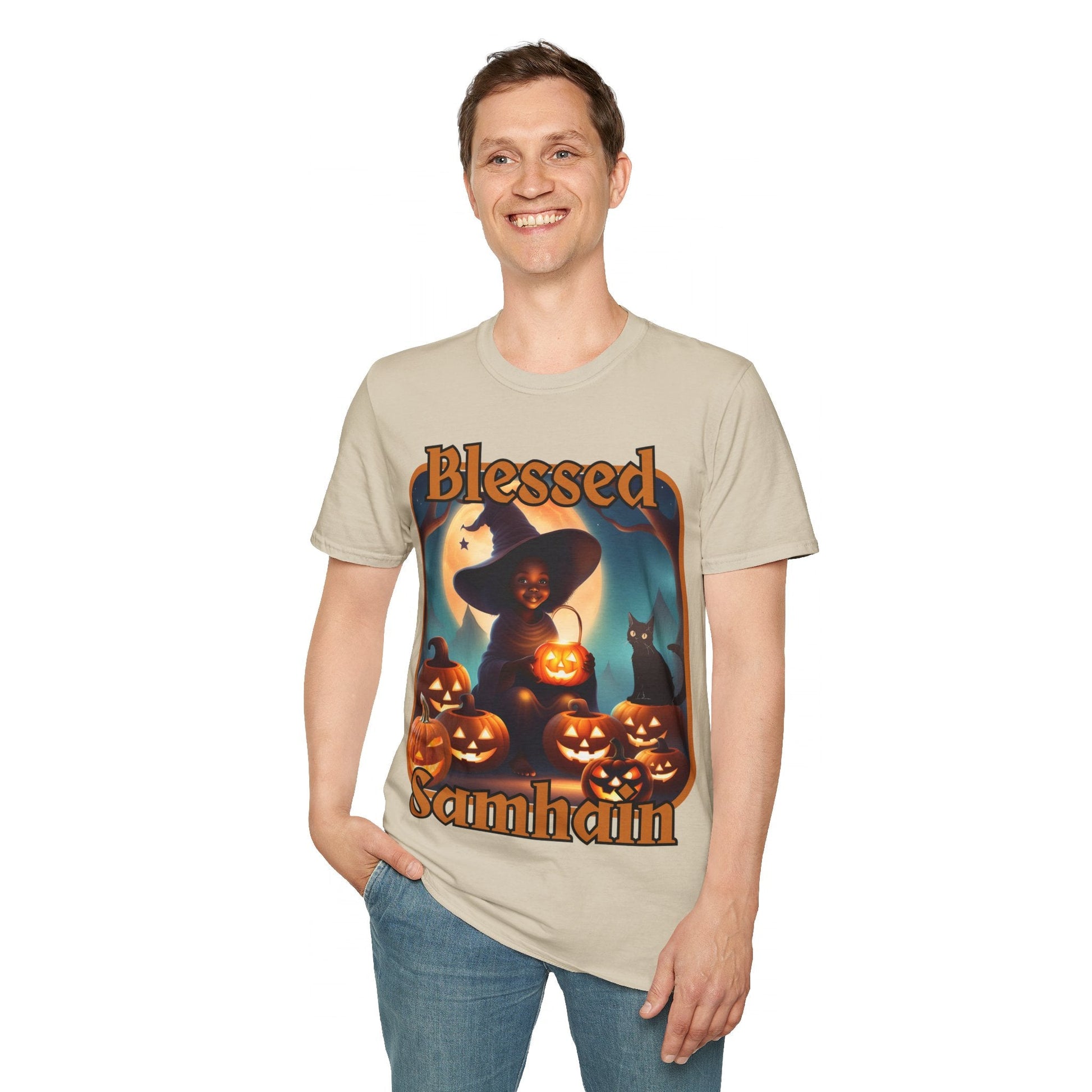 Blessed Samhain Cute Witch ORfont LTcolors Unisex T-Shirt by cypherpunkgear – cypherpunkgear.com | Cypherpunk Merch