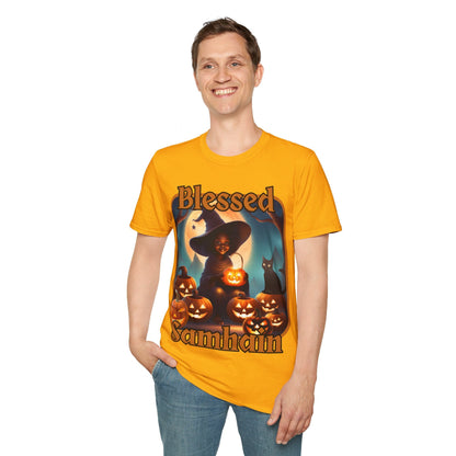 Blessed Samhain Cute Witch ORfont LTcolors Unisex T-Shirt by cypherpunkgear – cypherpunkgear.com | Cypherpunk Merch