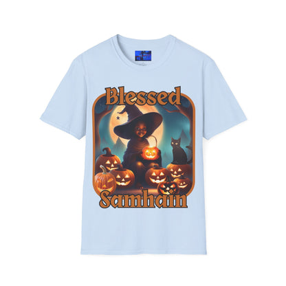 Blessed Samhain Cute Witch ORfont LTcolors Unisex T-Shirt by cypherpunkgear – cypherpunkgear.com | Cypherpunk Merch