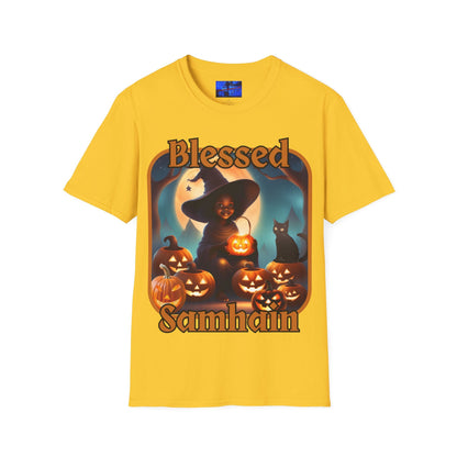 Blessed Samhain Cute Witch ORfont LTcolors Unisex T-Shirt by cypherpunkgear – cypherpunkgear.com | Cypherpunk Merch