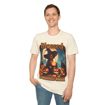 Blessed Samhain Cute Witch ORfont LTcolors Unisex T-Shirt by cypherpunkgear – cypherpunkgear.com | Cypherpunk Merch