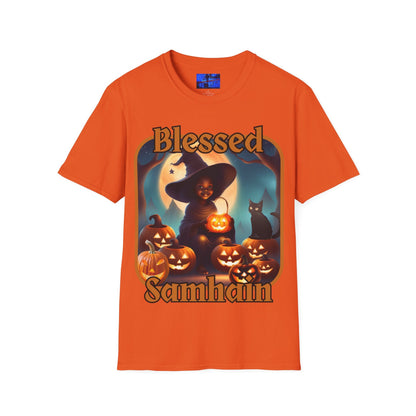 Blessed Samhain Cute Witch ORfont LTcolors Unisex T-Shirt by cypherpunkgear – cypherpunkgear.com | Cypherpunk Merch