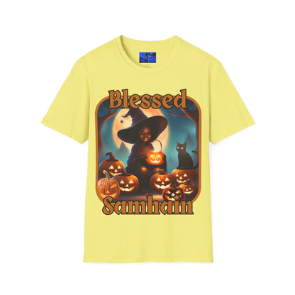 Blessed Samhain Cute Witch ORfont LTcolors Unisex T-Shirt by cypherpunkgear – cypherpunkgear.com | Cypherpunk Merch