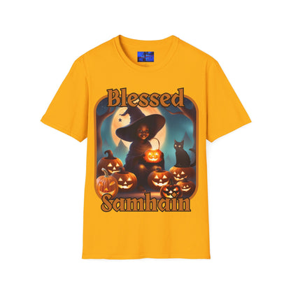 Blessed Samhain Cute Witch ORfont LTcolors Unisex T-Shirt by cypherpunkgear – cypherpunkgear.com | Cypherpunk Merch