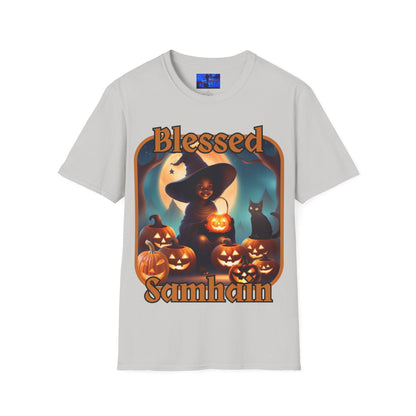 Blessed Samhain Cute Witch ORfont LTcolors Unisex T-Shirt by cypherpunkgear – cypherpunkgear.com | Cypherpunk Merch