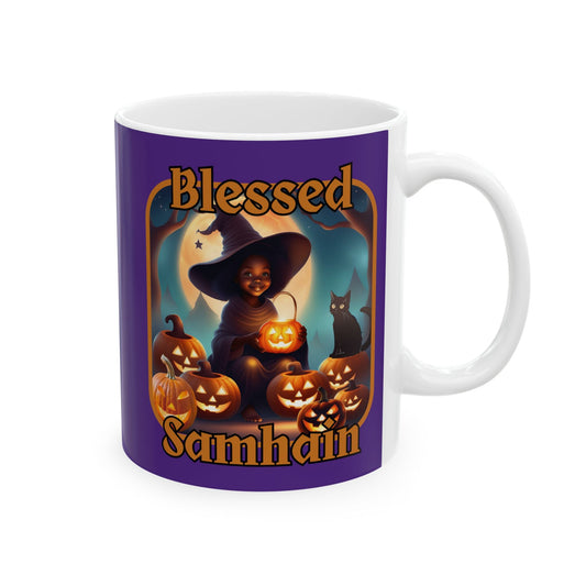 Blessed Samhain Cute Witch ORfont Purple Mug by cypherpunkgear – cypherpunkgear.com | Cypherpunk Merch