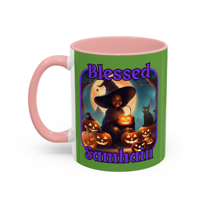 Blessed Samhain Cute Witch PRfont Accent Mug by cypherpunkgear – cypherpunkgear.com | Cypherpunk Merch