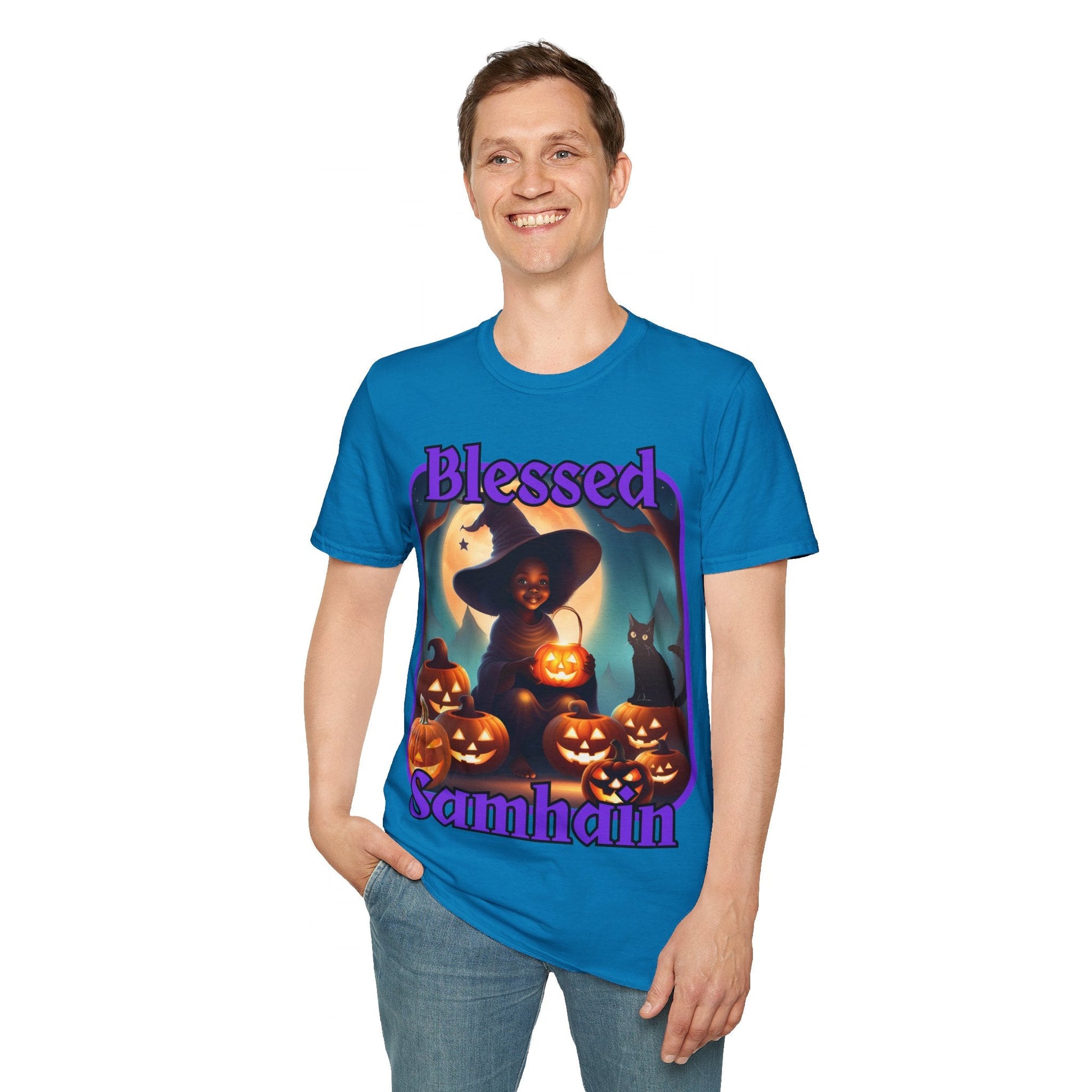 Blessed Samhain Cute Witch PRfont DKcolors Unisex T-Shirt by cypherpunkgear – cypherpunkgear.com | Cypherpunk Merch