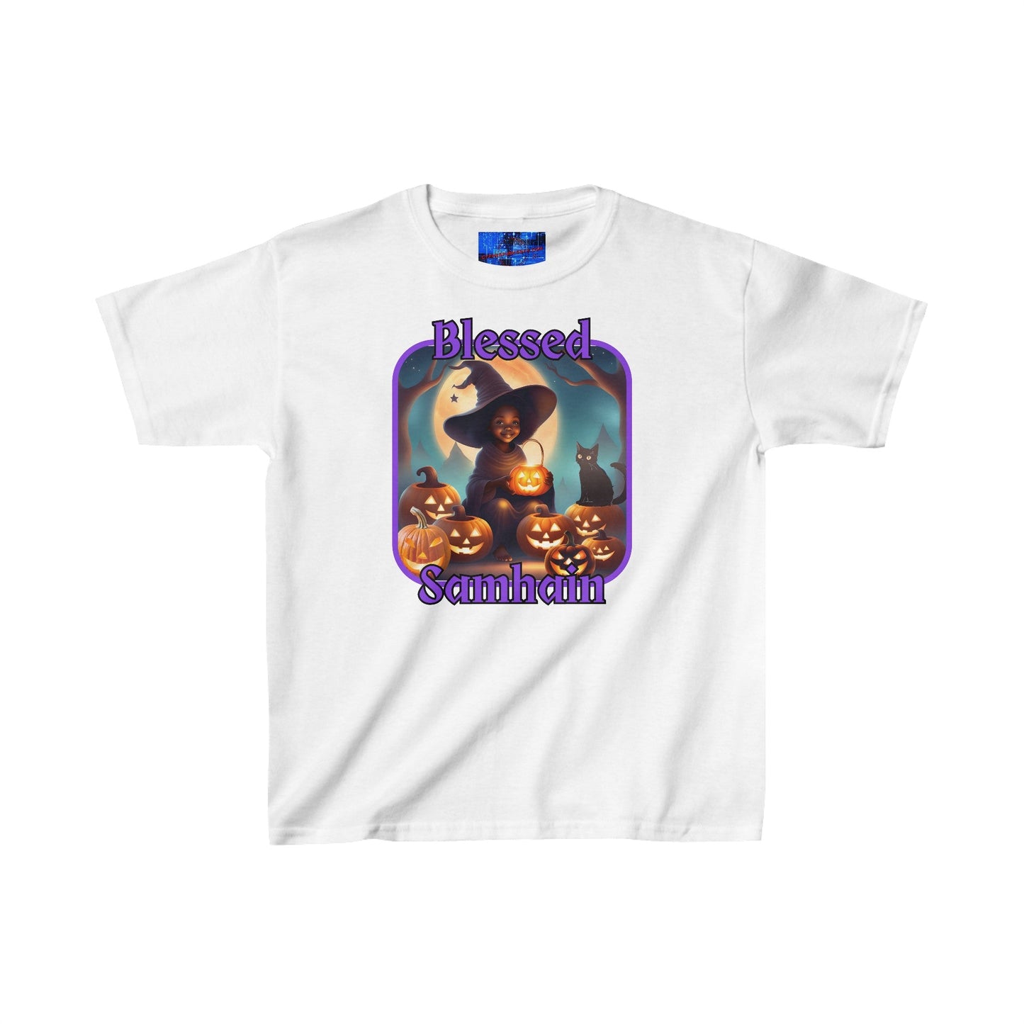 Blessed Samhain Cute Witch PRfont Kids Heavy Cotton™ Tee by cypherpunkgear – cypherpunkgear.com | Cypherpunk Merch