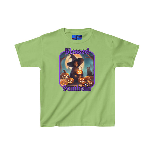 Blessed Samhain Cute Witch PRfont Kids Heavy Cotton™ Tee by cypherpunkgear – cypherpunkgear.com | Cypherpunk Merch