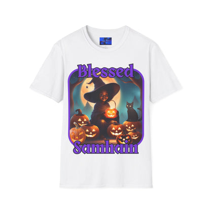 Blessed Samhain Cute Witch PRfont LTcolors Unisex T-Shirt by cypherpunkgear – cypherpunkgear.com | Cypherpunk Merch