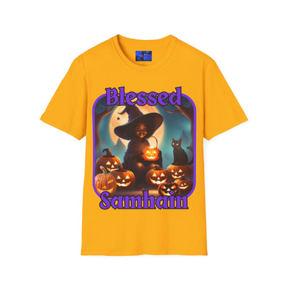 Blessed Samhain Cute Witch PRfont LTcolors Unisex T-Shirt by cypherpunkgear – cypherpunkgear.com | Cypherpunk Merch