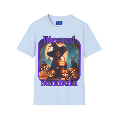 Blessed Samhain Cute Witch PRfont LTcolors Unisex T-Shirt by cypherpunkgear – cypherpunkgear.com | Cypherpunk Merch