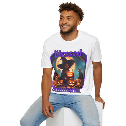 Blessed Samhain Cute Witch PRfont LTcolors Unisex T-Shirt by cypherpunkgear – cypherpunkgear.com | Cypherpunk Merch